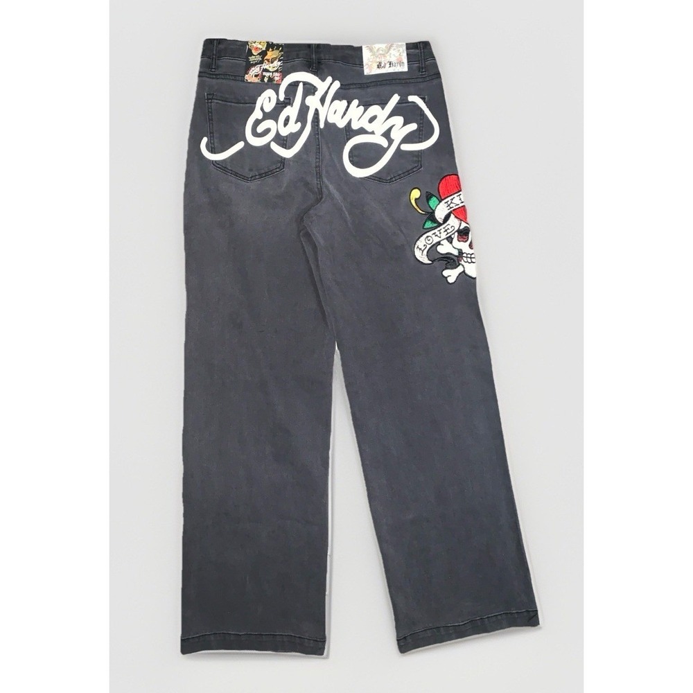 Ed Hardy wide leg jeans Love Kills Slowly women's 30 black embroidered skull NEW